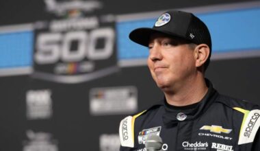 Kyle Busch speaks to reporters during NASCAR Cup Series Daytona 500 Media Day at Daytona International Speedway.
