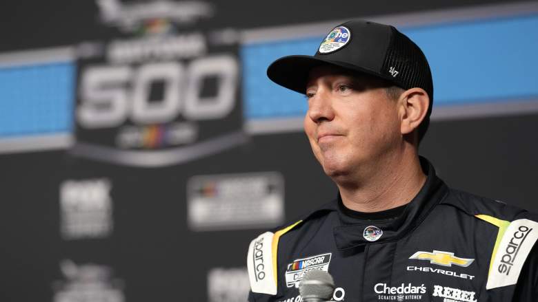 Kyle Busch speaks to reporters during NASCAR Cup Series Daytona 500 Media Day at Daytona International Speedway.