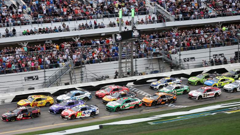 Tyler Reddick leads the field during the 2026 Daytona 500 at Daytona International Speedway.