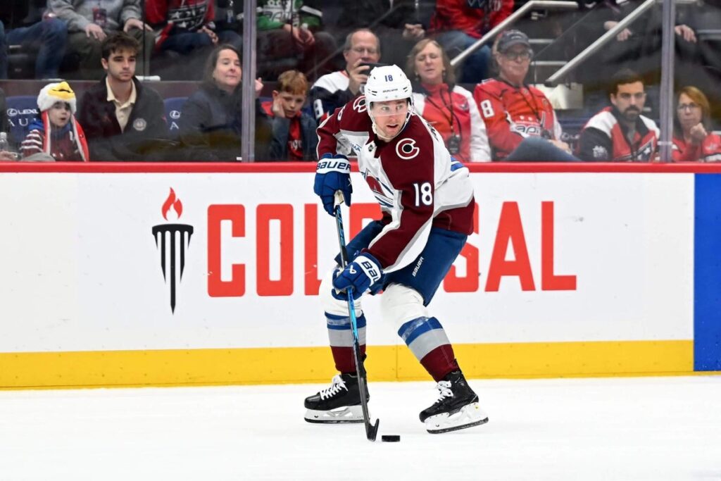 Jack Drury #18 of the Colorado Avalanche handles the puck against the Washington Capitals at Capital One Arena on March 22, 2026 in Washington, DC.