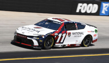 BRISTOL, TN - APRIL 12: Denny Hamlin (#11 Joe Gibbs Racing National Debt Relief Toyota) enters Turn 1 during the running of the NASCAR Cup Series Food City 500 on April 12, 2026, at Bristol Motor Speedway in Bristol, TN.