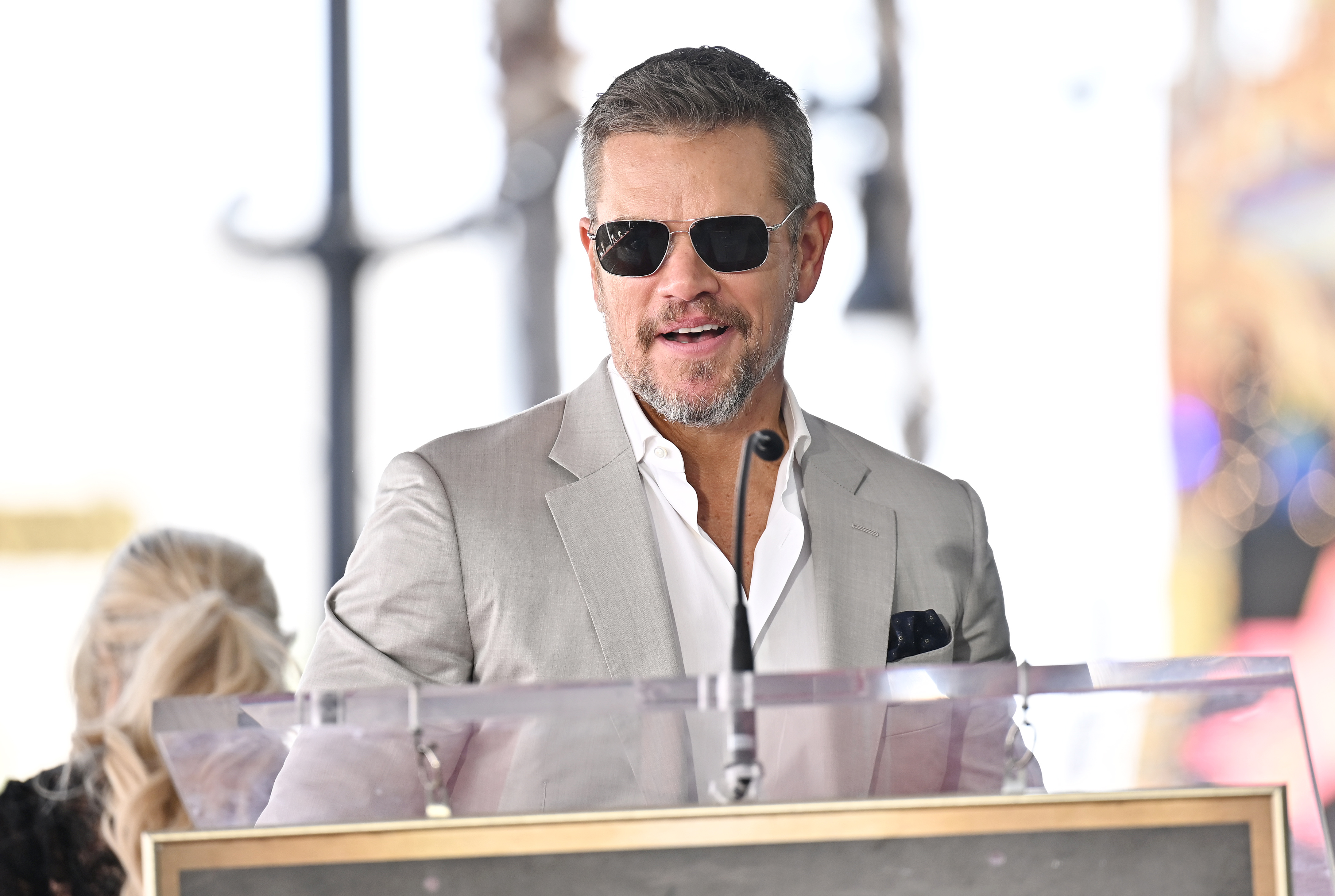 Matt Damon at the ceremony honoring Stanley Tucci and Emily Blunt with a Star on the Hollywood Walk of Fame on April 30, 2026 in Los Angeles, California.