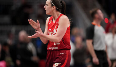 INDIANAPOLIS, IN - MAY 9: Caitlin Clark #22 of the Indiana Fever celebrates during the game against the Dallas Wings on May 9, 2026 at the Gainbridge Fieldhouse inIndianapolis, Indiana.