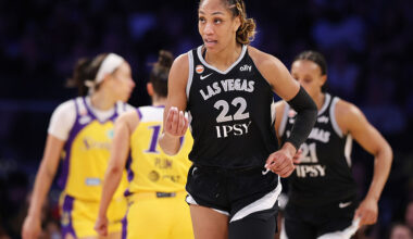 LOS ANGELES, CALIFORNIA - MAY 10: A'ja Wilson #22 of the Las Vegas Aces looks o during the second half of their game against the Los Angeles Sparks at Crypto.com Arena on May 10, 2026 in Los Angeles, California.