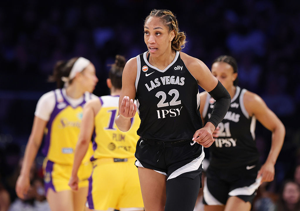 LOS ANGELES, CALIFORNIA - MAY 10: A'ja Wilson #22 of the Las Vegas Aces looks o during the second half of their game against the Los Angeles Sparks at Crypto.com Arena on May 10, 2026 in Los Angeles, California.