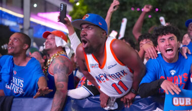 The New York Knicks fans attend a watch party for Game 1 of the Eastern Conference Finals against the Cleveland Cavaliers on May 19, 2026, New York, U.S.