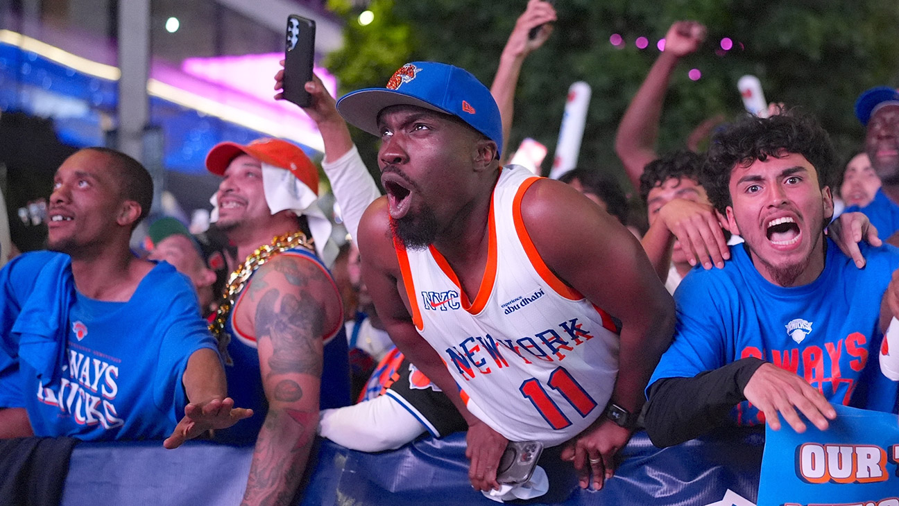 The New York Knicks fans attend a watch party for Game 1 of the Eastern Conference Finals against the Cleveland Cavaliers on May 19, 2026, New York, U.S.