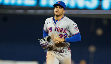 MIAMI, FL - MAY 23: New York Mets left fielder Juan Soto (22) looks on during a game between the Miami Marlins and the New York Mets on May 23, 2026 at LoanDepot Park in Miami, Florida.(Photo by Chris Arjoon/Icon Sportswire via Getty Images)