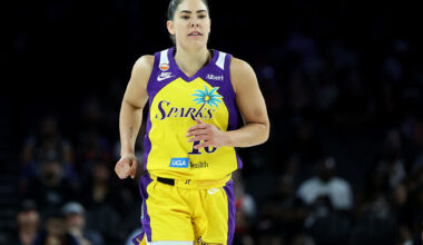 LAS VEGAS, NEVADA - MAY 23: Kelsey Plum #10 of the Los Angeles Sparks runs on the court in the fourth quarter of a game against the Las Vegas Aces at Michelob ULTRA Arena on May 23, 2026 in Las Vegas, Nevada. The Sparks defeated the Aces 101-95