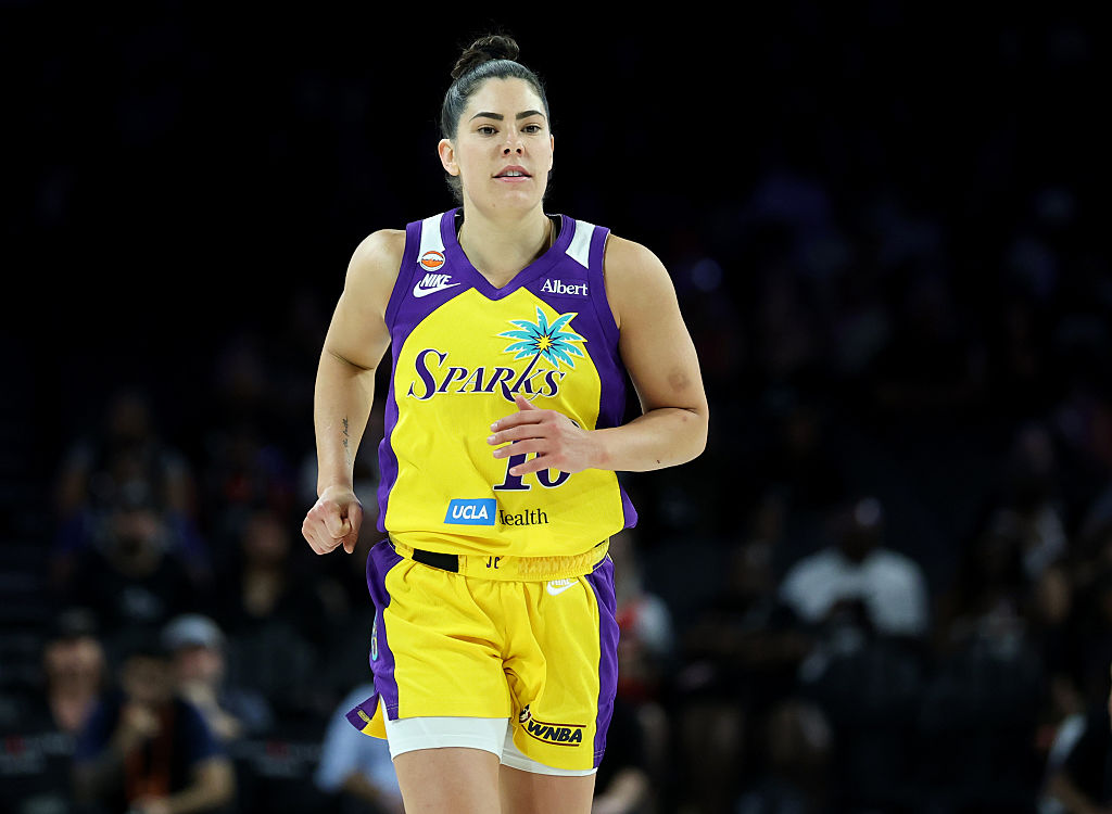 LAS VEGAS, NEVADA - MAY 23: Kelsey Plum #10 of the Los Angeles Sparks runs on the court in the fourth quarter of a game against the Las Vegas Aces at Michelob ULTRA Arena on May 23, 2026 in Las Vegas, Nevada. The Sparks defeated the Aces 101-95