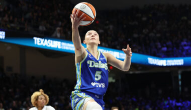 ARLINGTON, TX - MAY 28: Paige Bueckers #5 of the Dallas Wings drives to the basket during the game against the Las Vegas Aces on May 28, 2026 at the College Park Center in Arlington, TX.