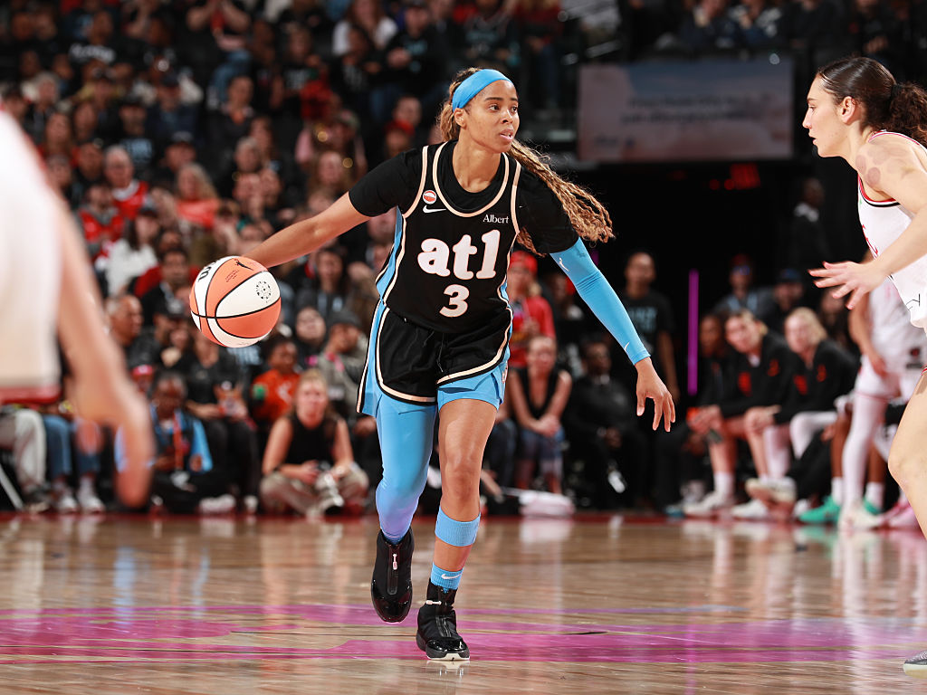PORTLAND, OR - MAY 29: Jordin Canada #3 of the Atlanta Dream dribbles the ball during the game against the Portland Fire on May 29, 2026 at Moda Center in Portland, Oregon.