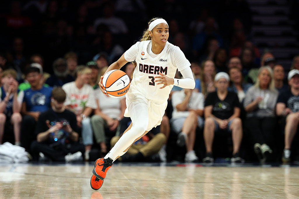 MINNEAPOLIS, MINNESOTA - MAY 27: Jordin Canada #3 of the Atlanta Dream dribbles the ball against the Minnesota Lynx in the third quarter at Target Center on May 27, 2026 in Minneapolis, Minnesota. The Lynx defeated the Dream 96-81.
