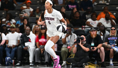 ATLANTA, GA - JUNE 2: Angel Reese #5 of the Atlanta Dream handles the ball during the game against the Connecticut Sun on June 2, 2026 at Gateway Center Arena at College Park in Atlanta, Georgia. NOTE TO USER: User expressly acknowledges and agrees that, by downloading and or using this photograph, User is consenting to the terms and conditions of the Getty Images License Agreement. Mandatory Copyright Notice: Copyright 2026 NBAE (Photo by Adam Hagy/NBAE via Getty Images)