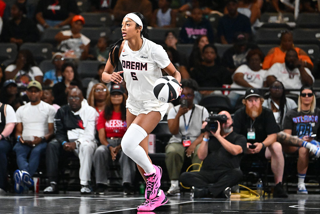 ATLANTA, GA - JUNE 2: Angel Reese #5 of the Atlanta Dream handles the ball during the game against the Connecticut Sun on June 2, 2026 at Gateway Center Arena at College Park in Atlanta, Georgia. NOTE TO USER: User expressly acknowledges and agrees that, by downloading and or using this photograph, User is consenting to the terms and conditions of the Getty Images License Agreement. Mandatory Copyright Notice: Copyright 2026 NBAE (Photo by Adam Hagy/NBAE via Getty Images)