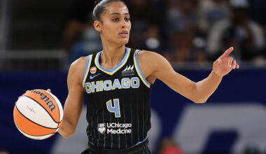 CHICAGO, ILLINOIS - MAY 29: Skylar Diggins #4 of the Chicago Sky dribbles up the court against the Minnesota Lynx during the first half at Wintrust Arena on May 29, 2026 in Chicago, Illinois.