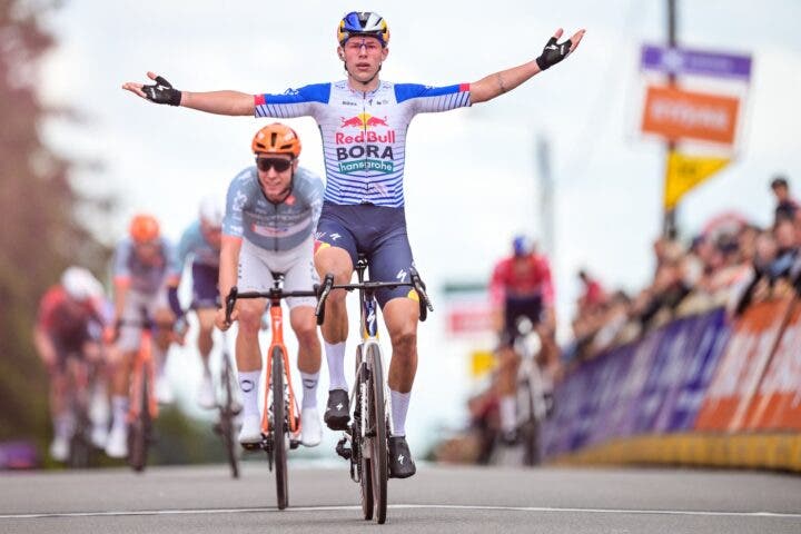 New Zealander Laurence Pithie of Red Bull-BORA-hansgrohe celebrates as he crosses the finish line to win the third stage of the Tour De Wallonie cycling race, from Habay to Vaux-sur-Sûre (176,9 km), on Wednesday 03 June 2026. BELGA PHOTO DAVID PINTENS (Photo by DAVID PINTENS / BELGA MAG / Belga via AFP)