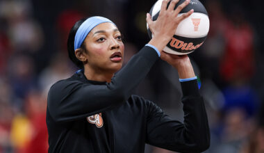 INDIANAPOLIS, INDIANA - JUNE 4: Angel Reese #5 of the Atlanta Dream warms up before the game against the Indiana Fever at Gainbridge Fieldhouse on June 4, 2026 in Indianapolis, Indiana.