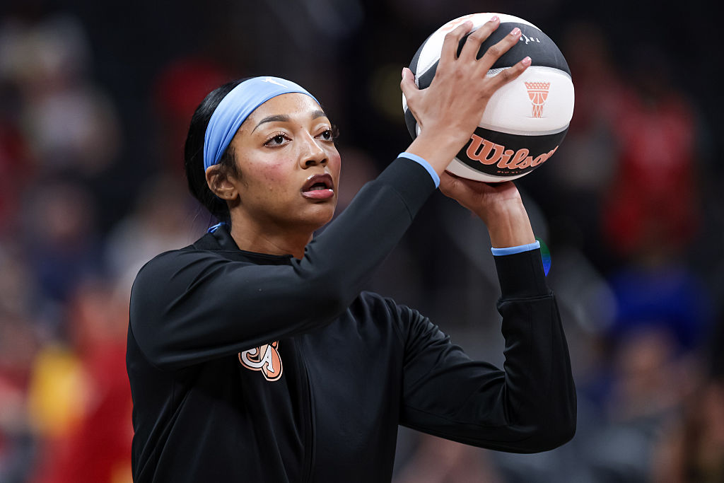 INDIANAPOLIS, INDIANA - JUNE 4: Angel Reese #5 of the Atlanta Dream warms up before the game against the Indiana Fever at Gainbridge Fieldhouse on June 4, 2026 in Indianapolis, Indiana.