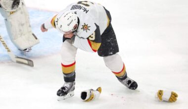 Golden Knights’ Brayden McNabb exits Game 2 of Stanley Cup Final after taking slap shot to face