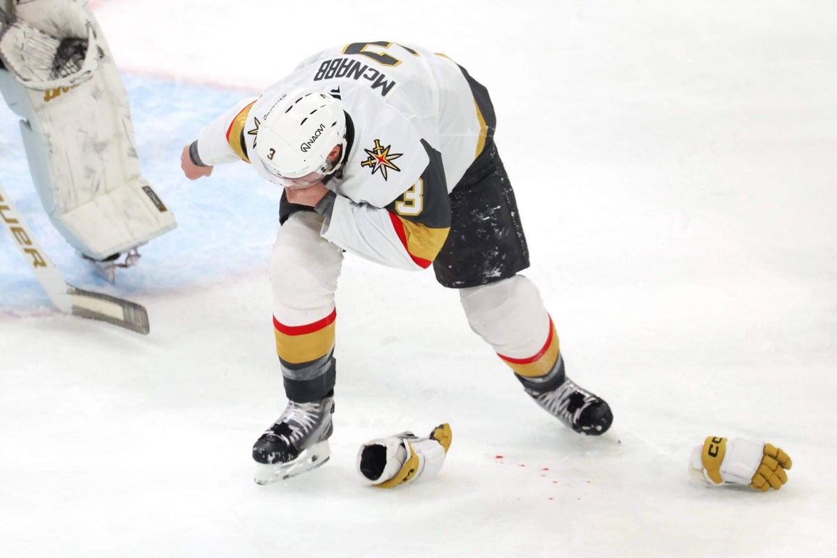 Golden Knights’ Brayden McNabb exits Game 2 of Stanley Cup Final after taking slap shot to face