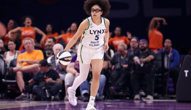 PHOENIX, ARIZONA - JUNE 01: Olivia Miles #5 of the Minnesota Lynx dribbles the ball during the first half of a WNBA Commissioner Cup Game against the Phoenix Mercury at Mortgage Matchup Center on June 01, 2026 in Phoenix, Arizona. The Lynx defeated the Mercury 111-77.