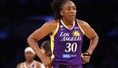 LOS ANGELES, CALIFORNIA - JUNE 07: Nneka Ogwumike #30 of the Los Angeles Sparks looks on against the Portland Fire during the second half at Crypto.com Arena on June 07, 2026 in Los Angeles, California.
