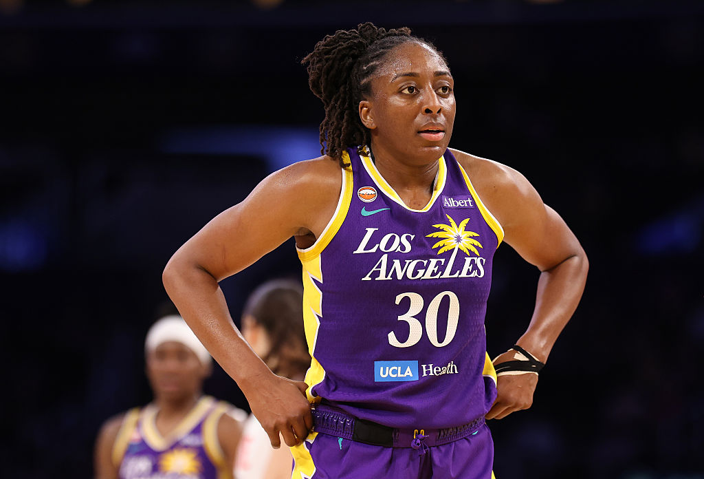 LOS ANGELES, CALIFORNIA - JUNE 07: Nneka Ogwumike #30 of the Los Angeles Sparks looks on against the Portland Fire during the second half at Crypto.com Arena on June 07, 2026 in Los Angeles, California.