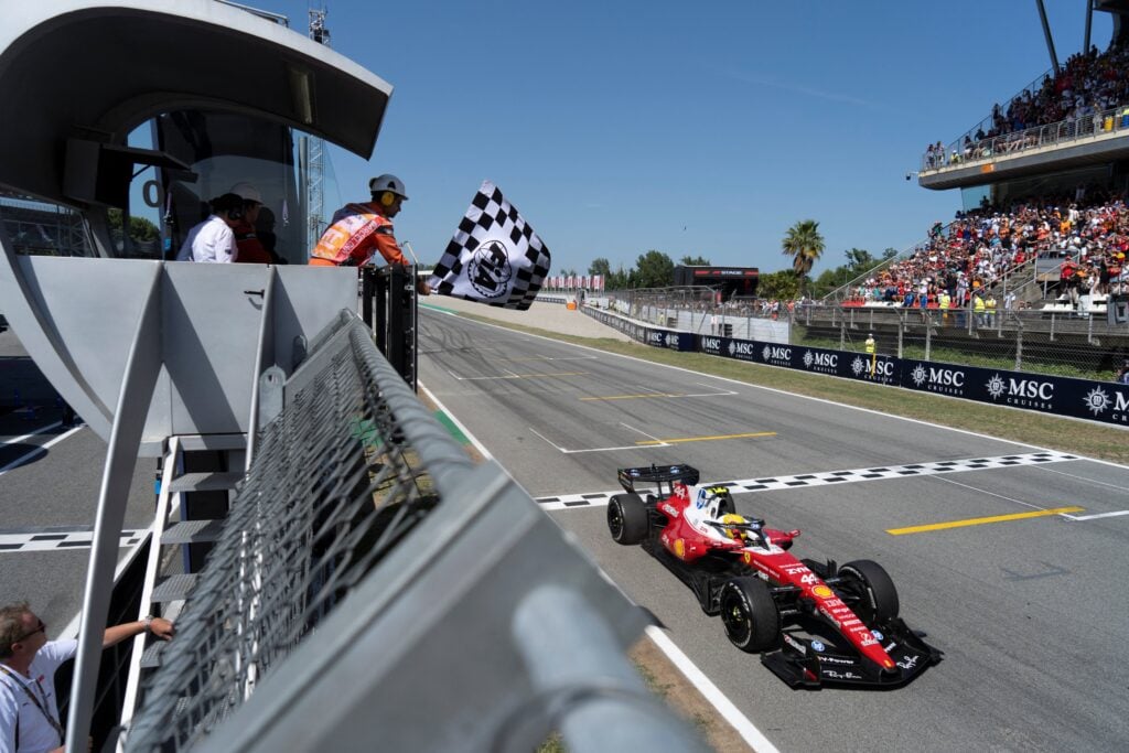 Lewis Hamilton crosses the finish line to win the 2026 F1 Barcelona-Catalunya Grand Prix for his first victory with Ferrari