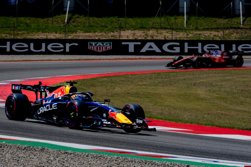 Red Bull driver Max Verstappen on track ahead of Ferrari's Charles Leclerc during the 2026 F1 Barcelona-Catalunya Grand Prix