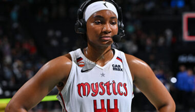 BROOKLYN, NY - JUNE 19: Kiki Iriafen #44 of the Washington Mystics talks to the media after the game against the New York Liberty on June 19, 2026 at Barclays Center Arena in Brooklyn, New York. NOTE TO USER: User expressly acknowledges and agrees that, by downloading and or using this photograph, User is consenting to the terms and conditions of the Getty Images License Agreement. Mandatory Copyright Notice: Copyright 2026 NBAE(Photo by Catalina Fragoso/NBAE via Getty Images)
