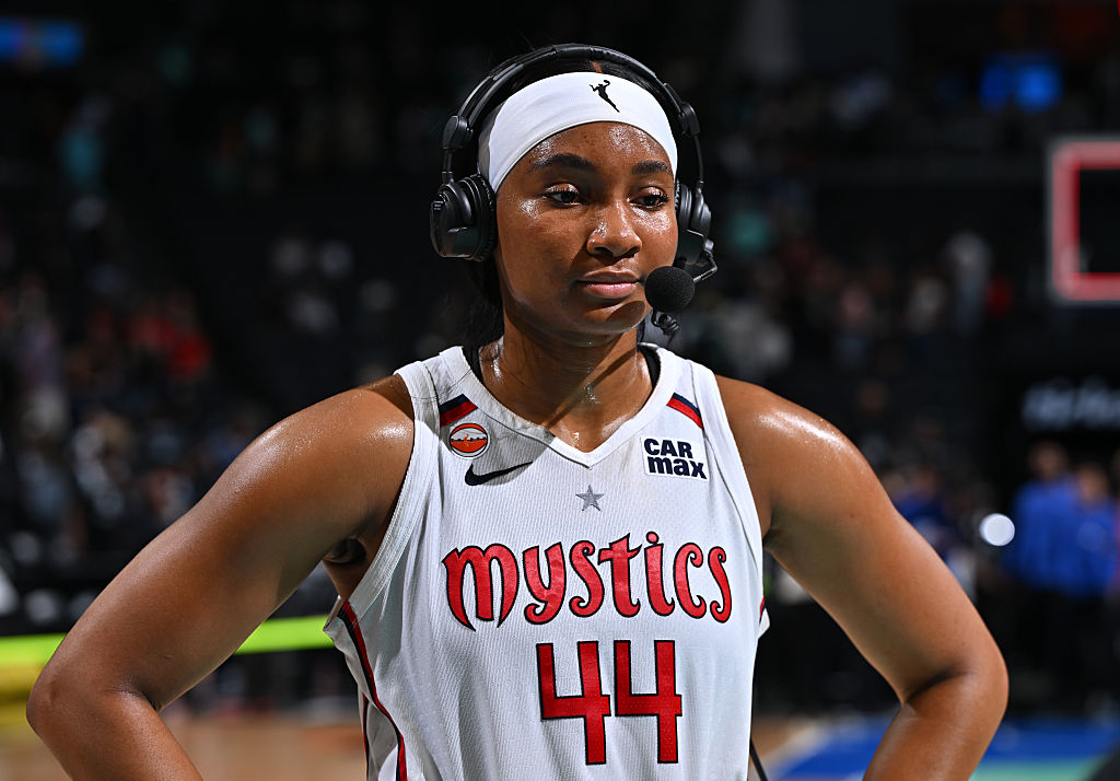 BROOKLYN, NY - JUNE 19: Kiki Iriafen #44 of the Washington Mystics talks to the media after the game against the New York Liberty on June 19, 2026 at Barclays Center Arena in Brooklyn, New York. NOTE TO USER: User expressly acknowledges and agrees that, by downloading and or using this photograph, User is consenting to the terms and conditions of the Getty Images License Agreement. Mandatory Copyright Notice: Copyright 2026 NBAE(Photo by Catalina Fragoso/NBAE via Getty Images)