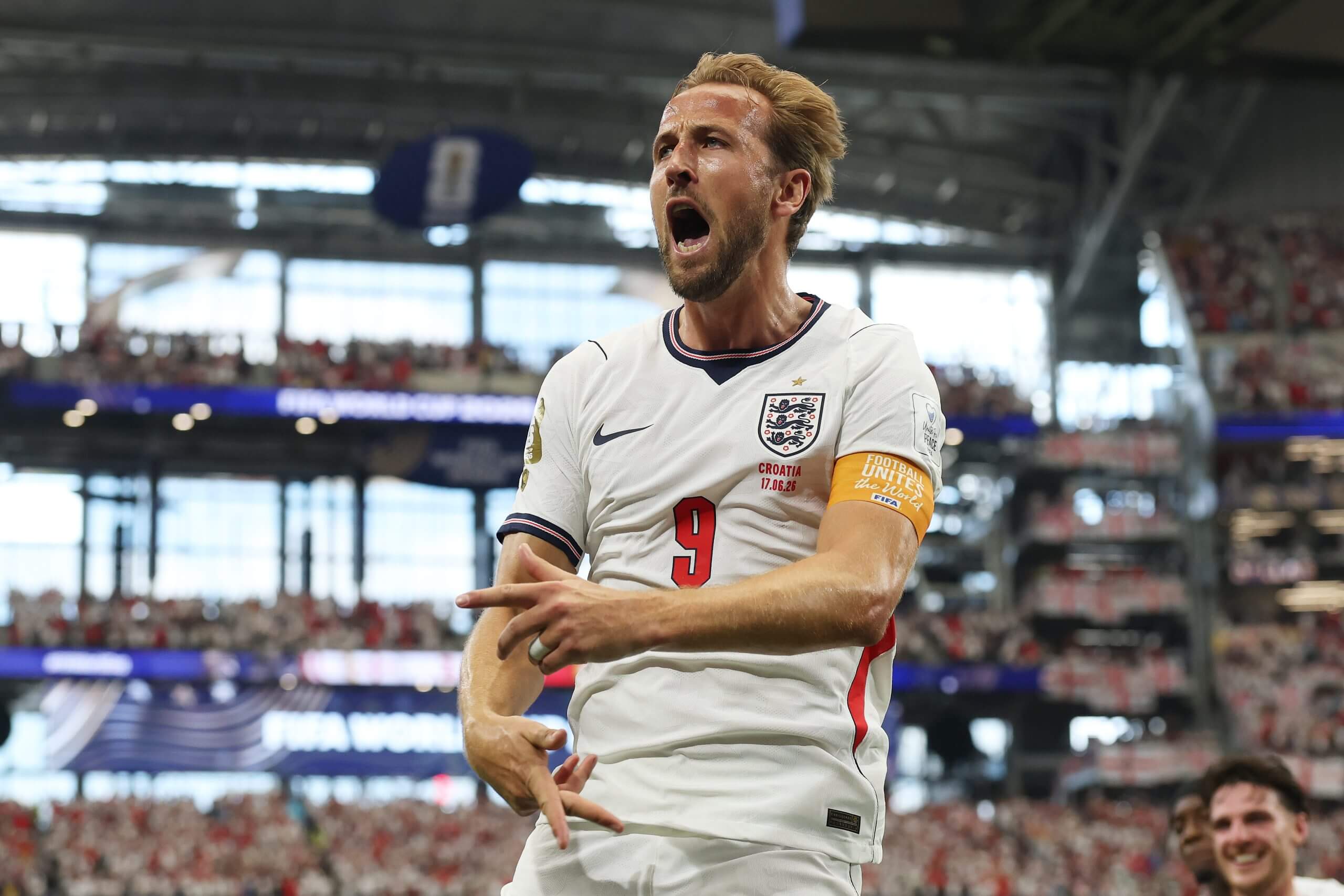 Harry Kane celebrates scoring against Croatia