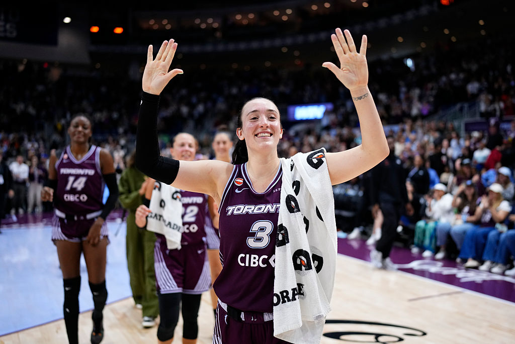 TORONTO, CANADA. - JUNE 25: Marina Mabrey #3 of the Toronto Tempo celebrates after tying the all-time WNBA scoring record of 53 points in a game against the Los Angeles Sparks on June 25, 2026 at Coca-Cola Coliseum in Toronto, Canada. NOTE TO USER: User expressly acknowledges and agrees that, by downloading and or using this photograph, User is consenting to the terms and conditions of the Getty Images License Agreement. Mandatory Copyright Notice: Copyright 2026 NBAE (Photo by Mark Blinch/NBAE via Getty Images)