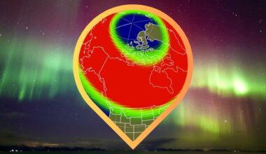 Map showing the possible aurora viewline across the US overnight tonight during the strongest period of geomagnetic activity which could see auroras spread deep into mid-latitudes.