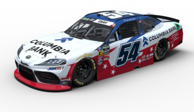 White, red, and blue NASCAR-style race car with number 54 and Columbia Bank branding, angled front-left view of the car.