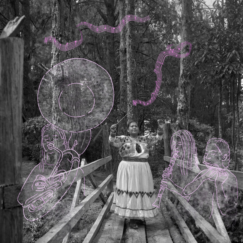A woman in traditional dress conducts an invisible orchestra in a forest, with illustrated musicians and musical notes around her