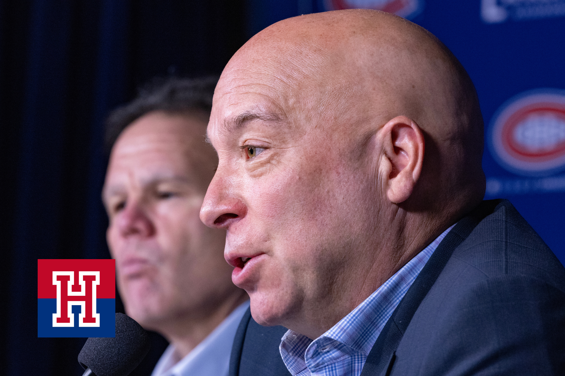Canadiens president of hockey operations Jeff Gorton, left, and general manager Kent Hughes answer reporters' questions at the Bell Centre in Montreal on May 5, 2025.