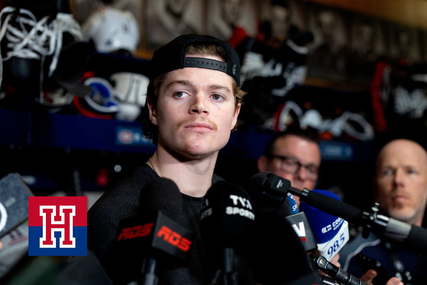 Montreal Canadiens right wing Cole Caufield (13) speaks to the media in the locker room as the Canadiens season comes to an end, in Montreal, on Monday, June 1, 2026.