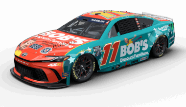 Race car #11 in bright teal and orange livery with Bob's Discount Furniture sponsorship, shown from a front-side angle