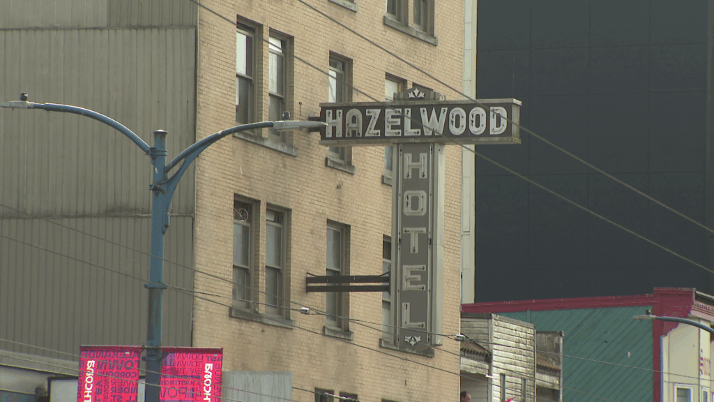 Vancouver Fire Rescue crews outside the Hazlewood Hotel on  East Hastings Street between Gore Avenue and Dunlevy Avenue on Monday June 29, 2026.