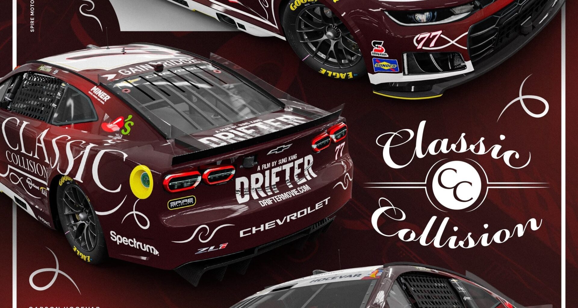 Race car with Classic Collision livery (number 77) in a maroon-and-white promotional poster frame.