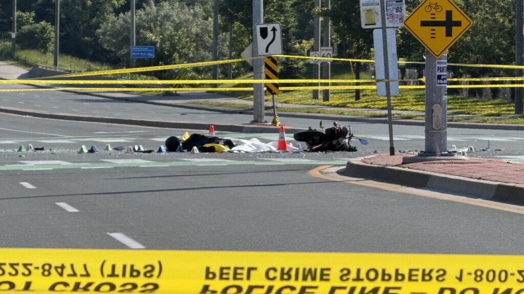 Photo shows the scene of a fatal motorcycle collision in Brampton on Sat. June 27, 2026. (CityNews/Ricardo Alfonso)