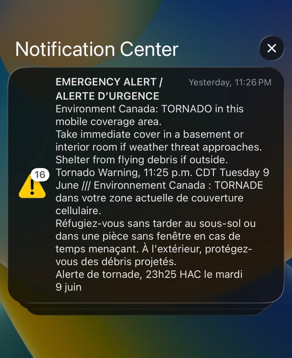 A screenshot from an iPhone shows it received 16 emergency alerts during yesterday's severe weather.