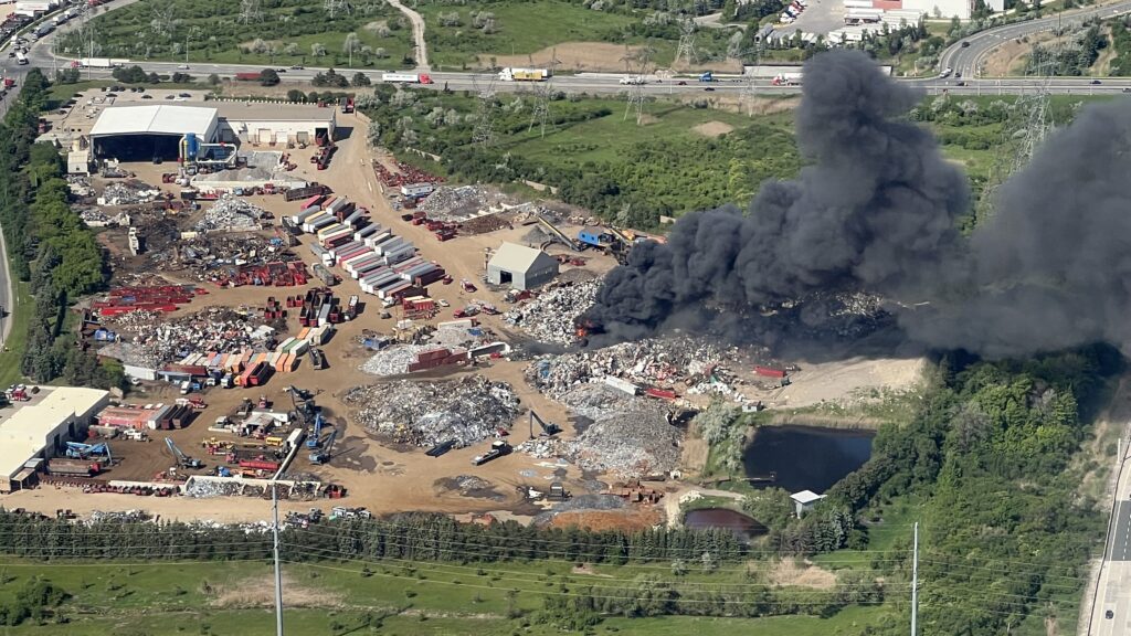 An industrial fire in Brampton on Tuesday, June 2, 2026. CITYNEWS/Kyle Hocking