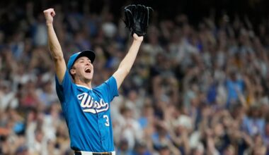 Milwaukee Brewers' Jacob Misiorowski reacts after recording the final out during the ninth inning of a baseball game against the Philadelphia Phillies, Friday, June 12, 2026, in Milwaukee.