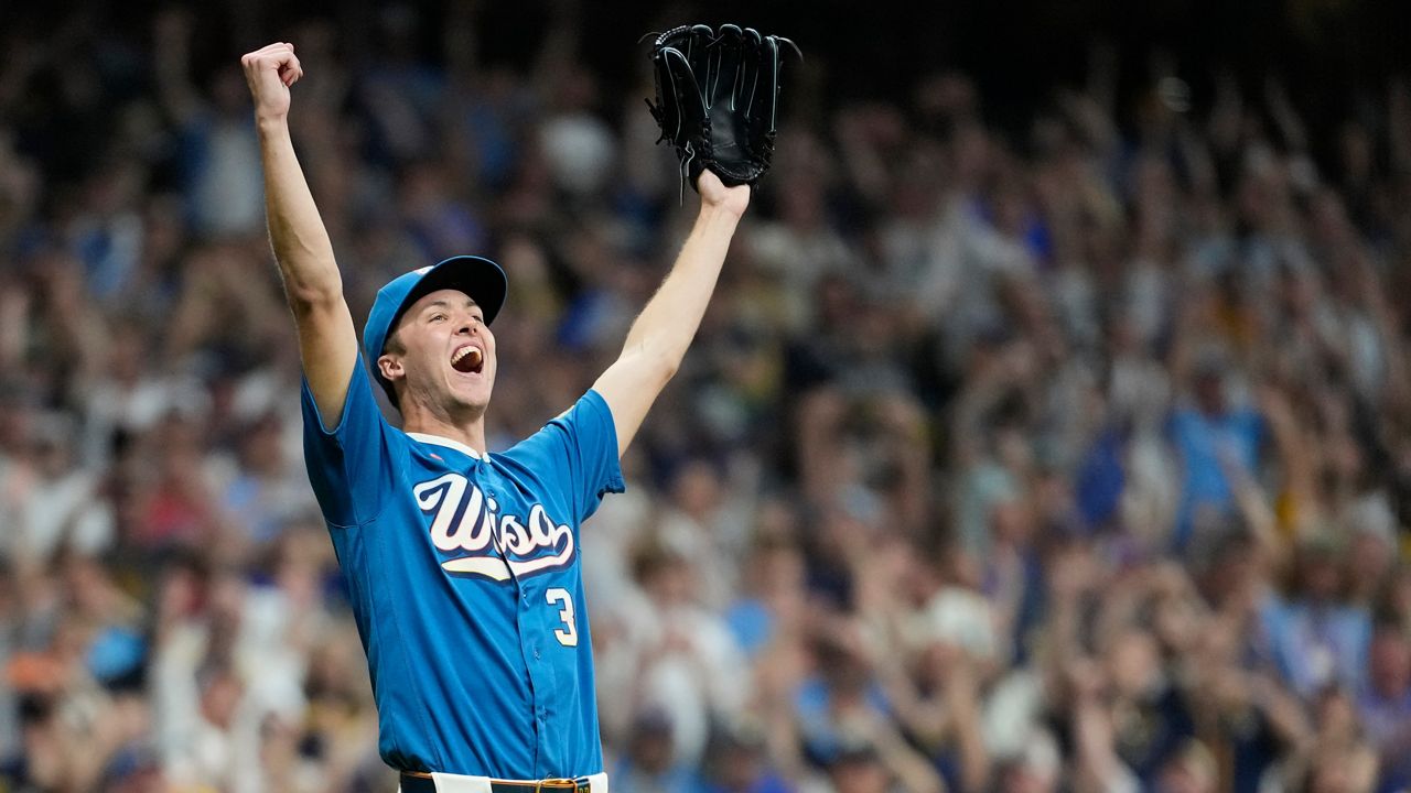 Milwaukee Brewers' Jacob Misiorowski reacts after recording the final out during the ninth inning of a baseball game against the Philadelphia Phillies, Friday, June 12, 2026, in Milwaukee.
