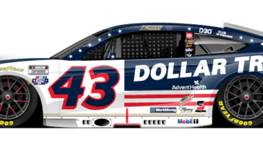 NASCAR stock car #43 in patriotic Dollar Tree livery with sponsor logos on the sides.
