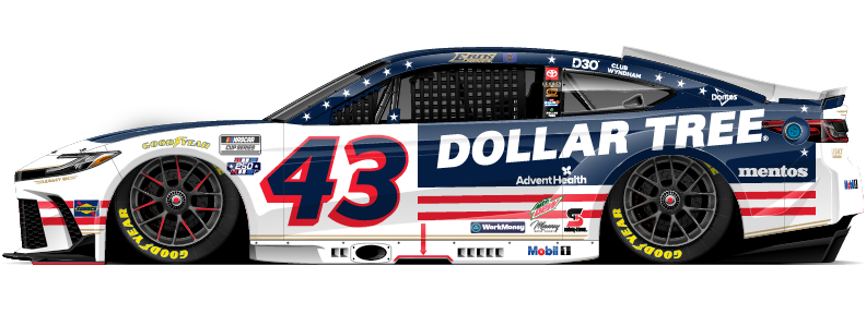 NASCAR stock car #43 in patriotic Dollar Tree livery with sponsor logos on the sides.