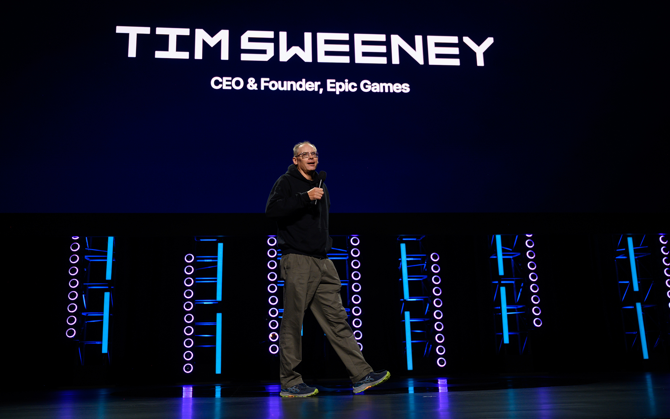 Tim Sweeney speaking at Unreal Fest 2026.